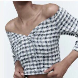 ZARA Women's Textured Off Shoulder Cropped Top Jacket Blue White Plaid Sz Large